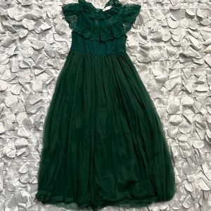 Forest green maxi lace+ tulle dress for girls.